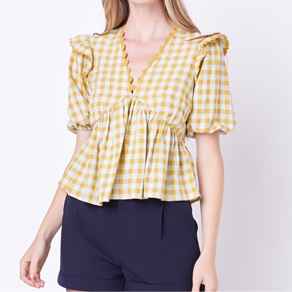 English Factory Mustard Checkered Ruffle Blouse - Picture 5 of 6